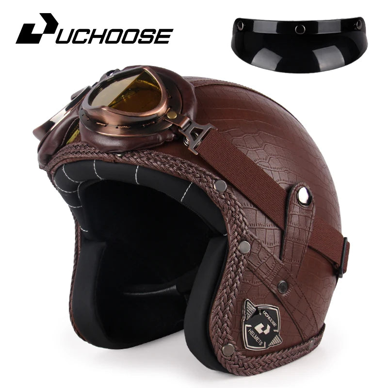 Casque moto rétro 3/4 en cuir PU, style vintage