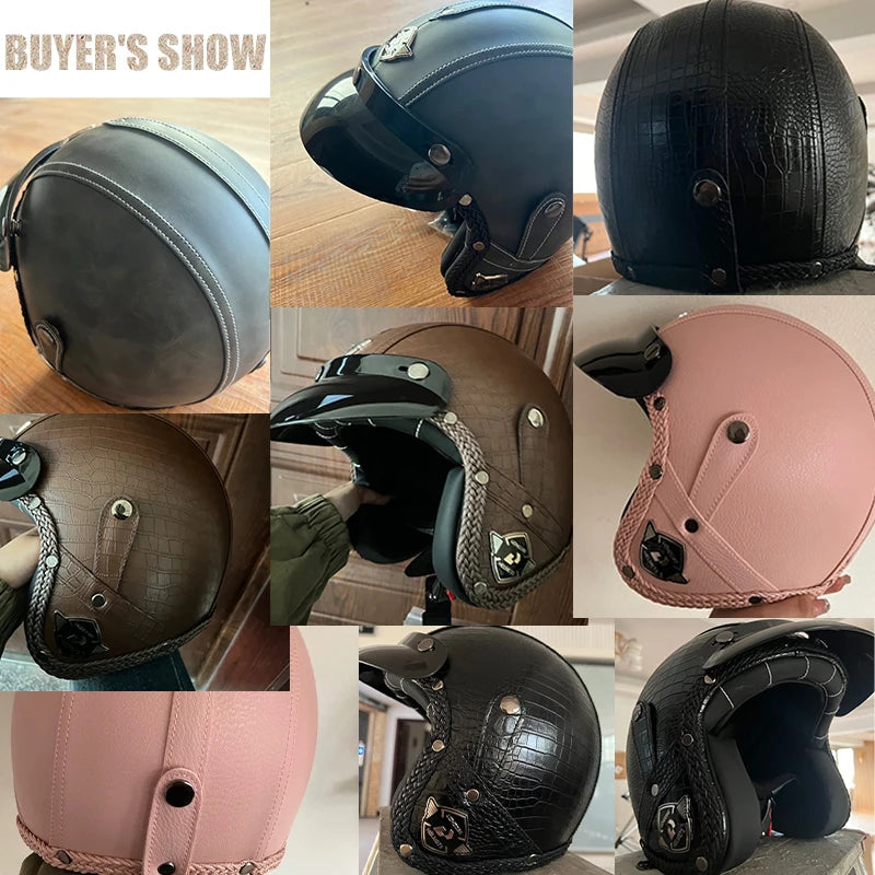 Casque moto rétro 3/4 en cuir PU, style vintage
