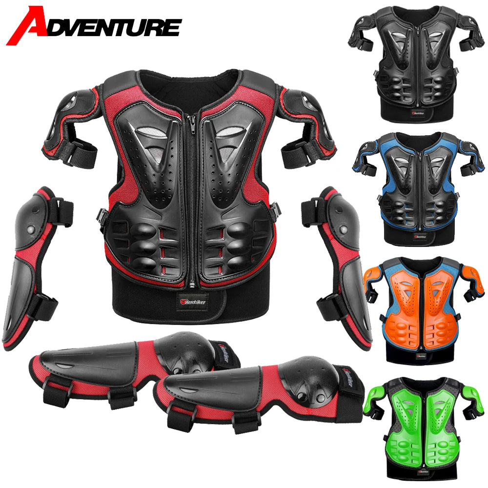 Armure moto enfant complète, gilet + protections coudes/genoux
