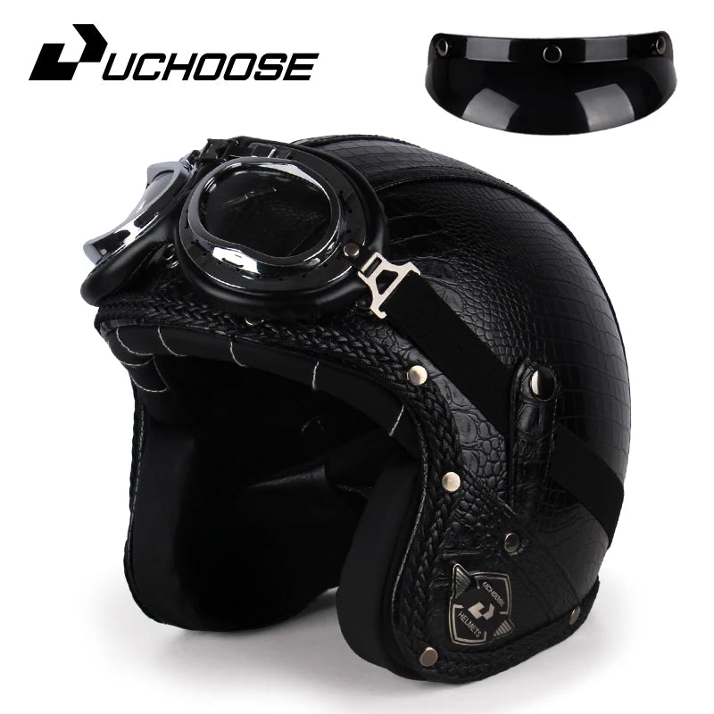 Casque moto rétro 3/4 en cuir PU, style vintage