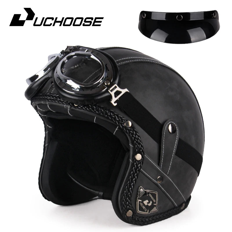 Casque moto rétro 3/4 en cuir PU, style vintage