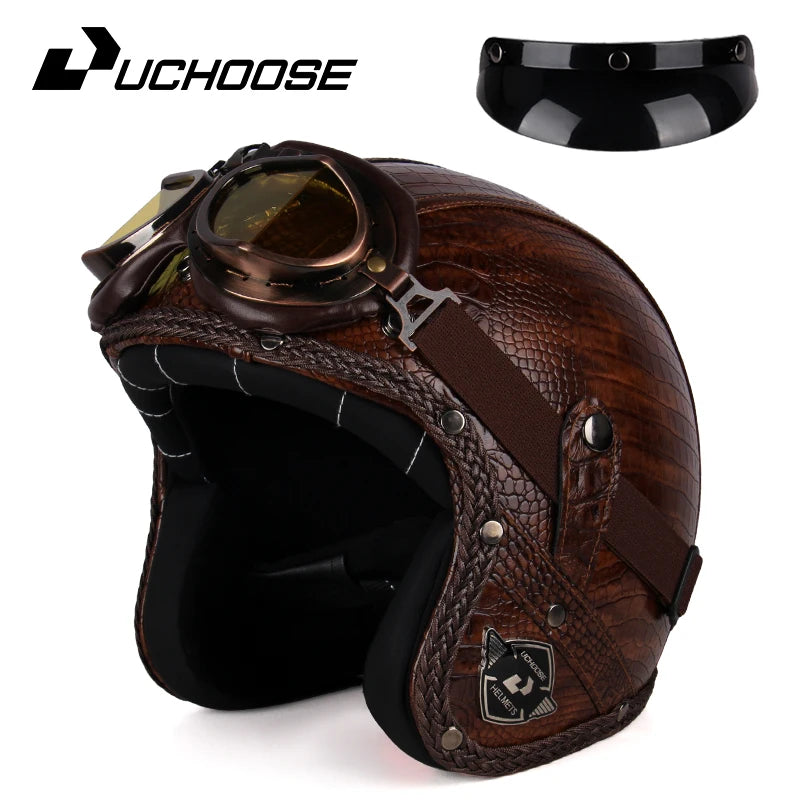 Casque moto rétro 3/4 en cuir PU, style vintage
