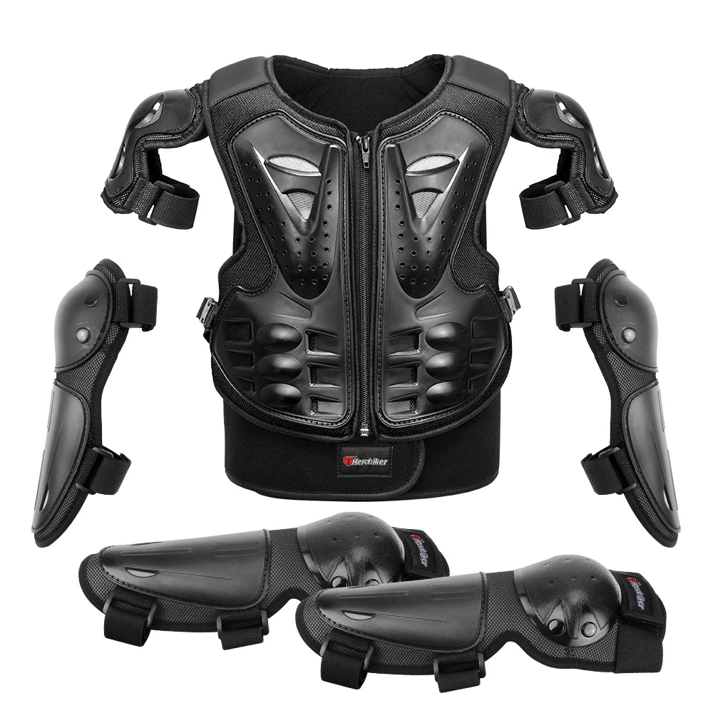 Armure moto enfant complète, gilet + protections coudes/genoux