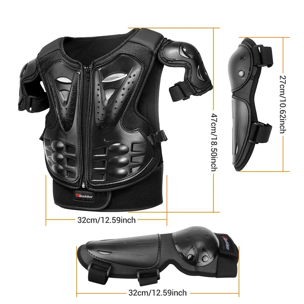 Armure moto enfant complète, gilet + protections coudes/genoux