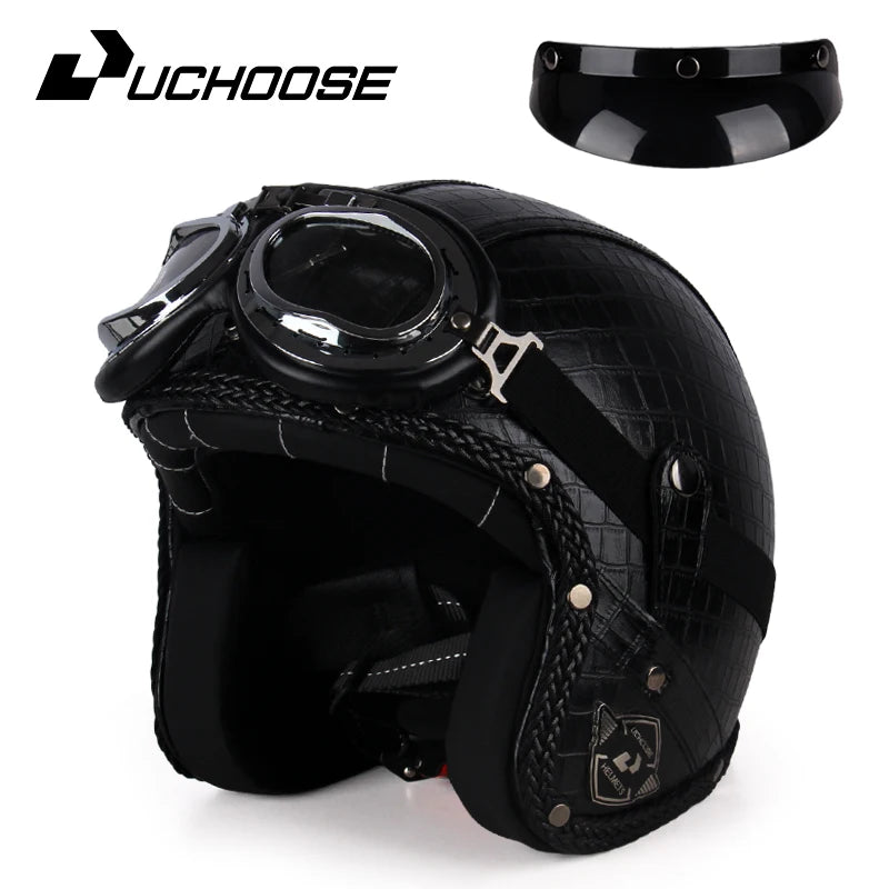 Casque moto rétro 3/4 en cuir PU, style vintage