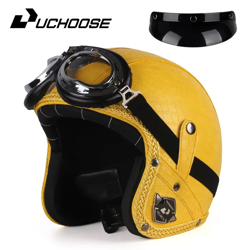 Casque moto rétro 3/4 en cuir PU, style vintage