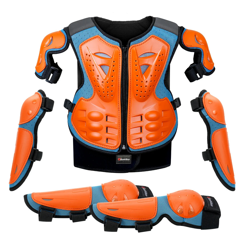 Armure moto enfant complète, gilet + protections coudes/genoux
