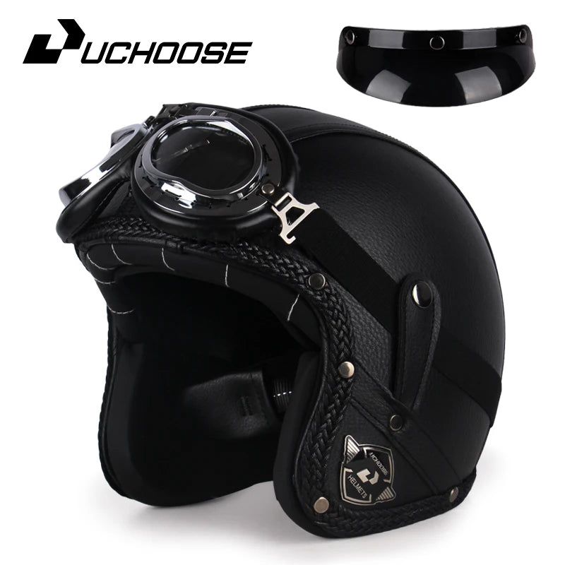 Casque moto rétro 3/4 en cuir PU, style vintage