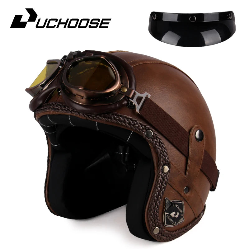 Casque moto rétro 3/4 en cuir PU, style vintage