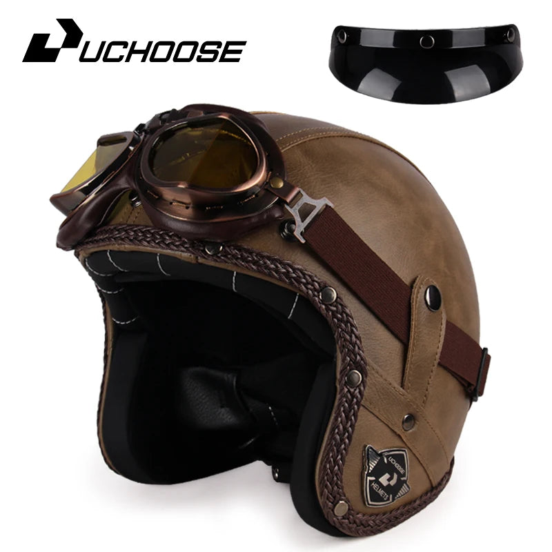 Casque moto rétro 3/4 en cuir PU, style vintage