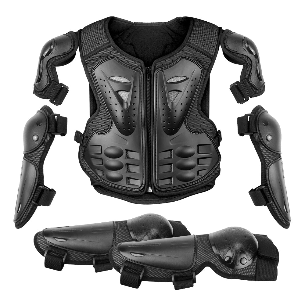 Armure moto enfant complète, gilet + protections coudes/genoux