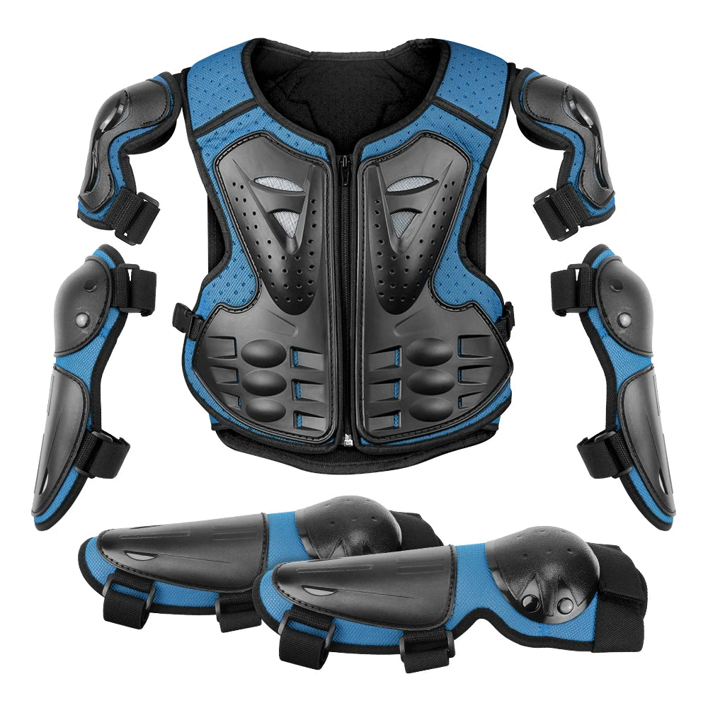 Armure moto enfant complète, gilet + protections coudes/genoux