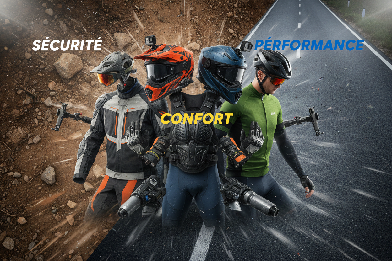 Crée une vidéo promotionnelle pour moto et vélo montrant gants, casques, vestes, pantalons, armures, supports téléphone et accessoires. Montre les détails, la protection et l’usage en conduite tout-terrain et route. Ajoute textes courts (“Sécurité”, “Confort”, “Performance”) et musique dynamique. Durée : 30-45 s, HD.