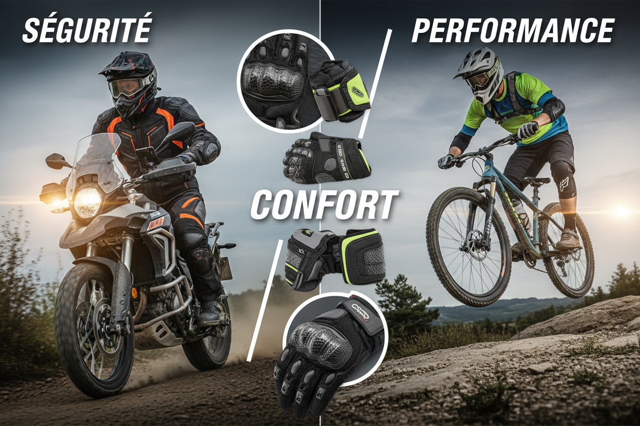 Crée une vidéo promotionnelle pour moto et vélo montrant gants, casques, vestes, pantalons, armures, supports téléphone et accessoires. Montre les détails, la protection et l’usage en conduite tout-terrain et route. Ajoute textes courts (“Sécurité”, “Confort”, “Performance”) et musique dynamique. Durée : 30-45 s, HD.